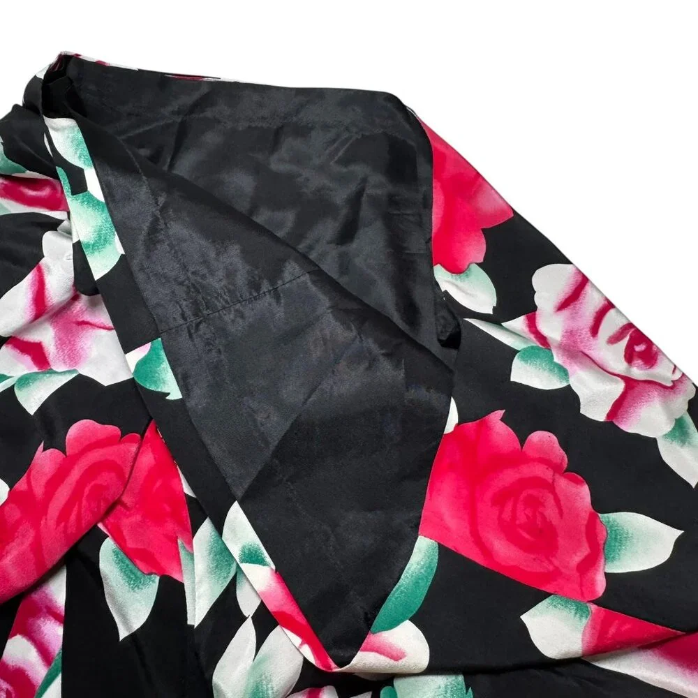 Vintage Nipon Boutique Silk Dress 8 Black Airbrushed‎ Roses Side Bow Wrap Look